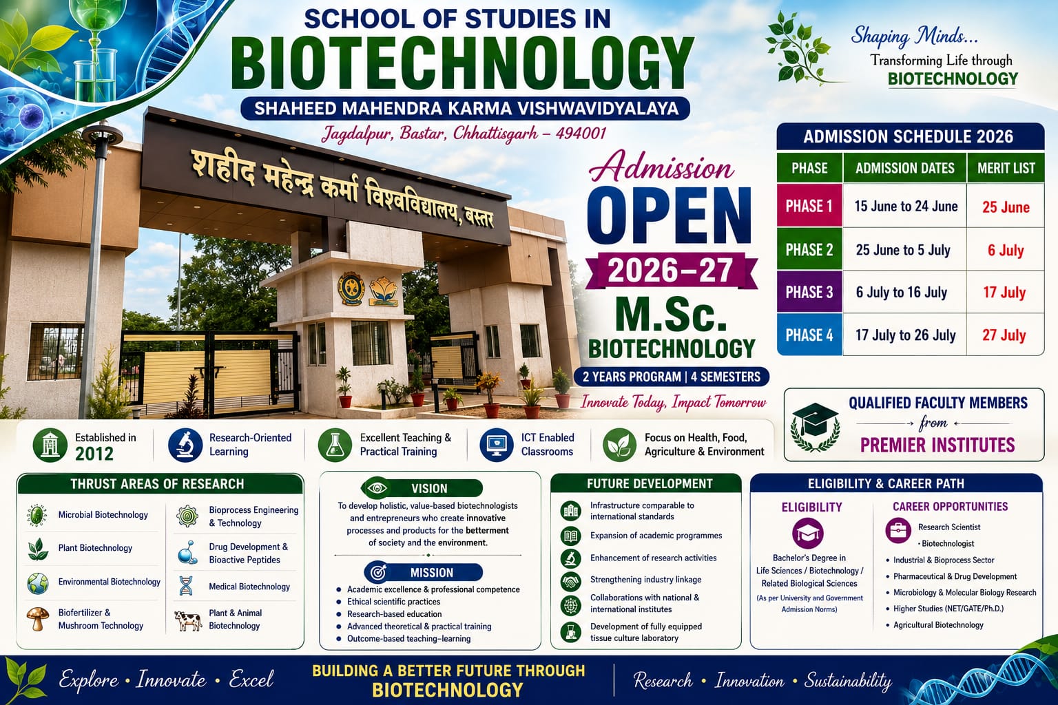 Admission Open 2026-27 Courses Offered by SOS in Biotechnology Department